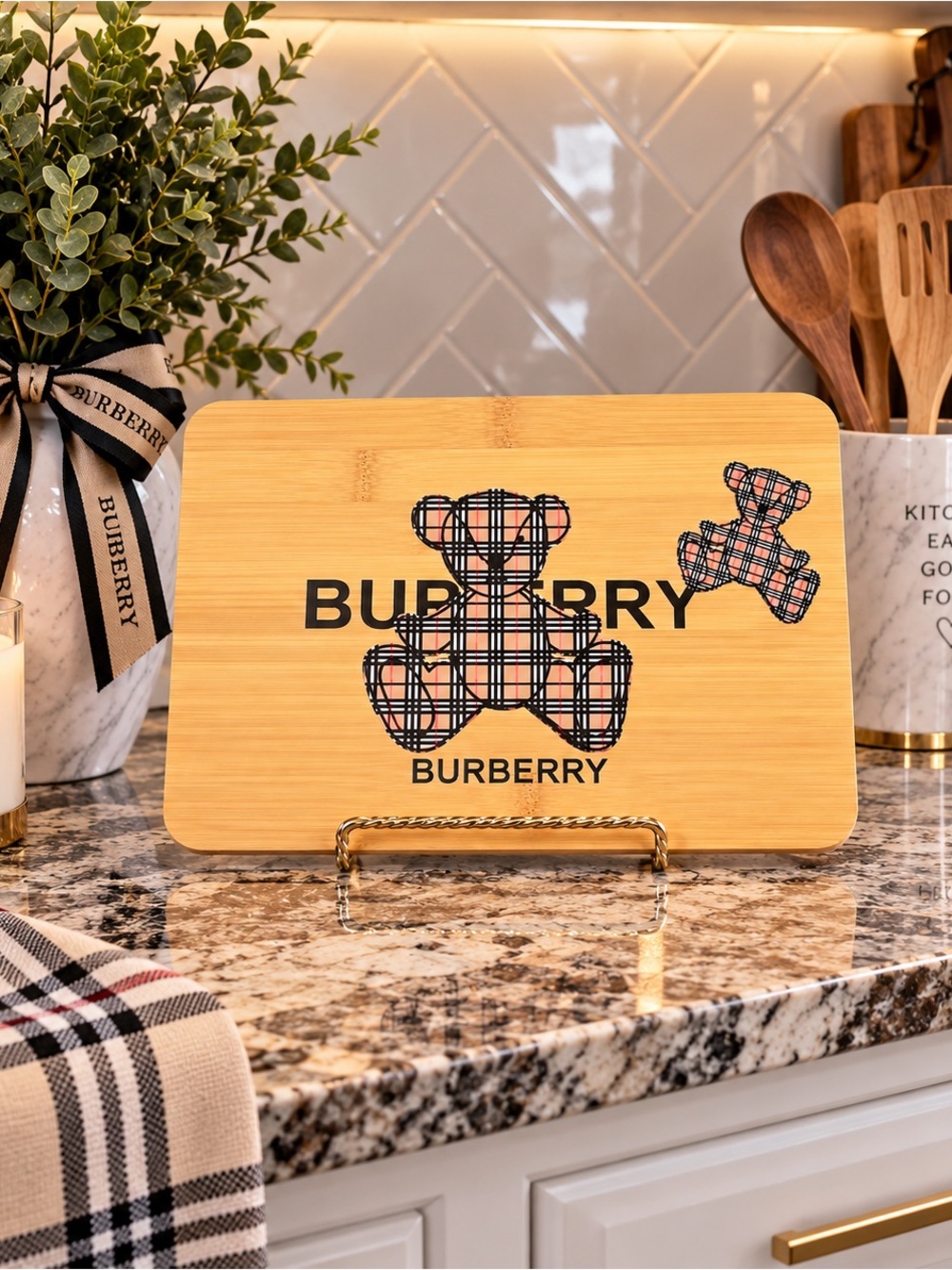 Beige Plaid Teddy Bamboo Cutting Board